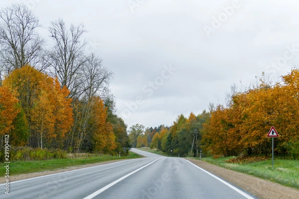 Fototapeta Autumn scene with winding asphalt road in the countryside. 