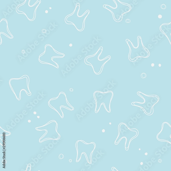 Fototapeta Soft seamless dental pattern. Cute blue background with white teeth and dots for dental, oral medicine design.