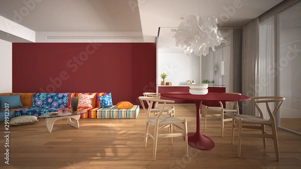 Fototapeta Modern colorful living room with kitchen and dining table, sofa with pillows, coffee table, big panoramic window, pendant lamp, parquet. White and red interior design concept