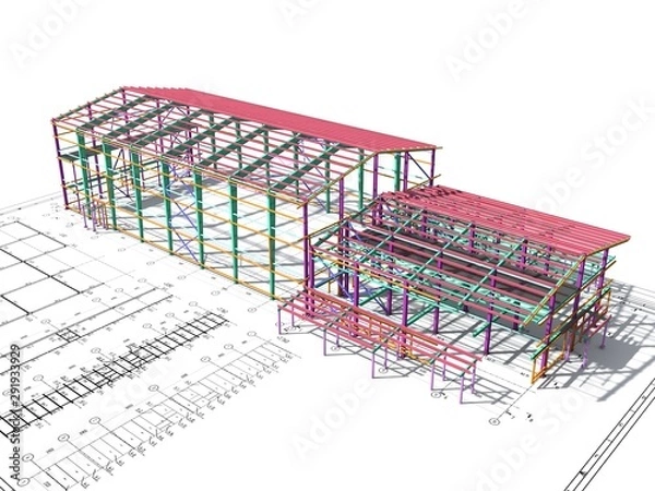 Fototapeta BIM building model of columns, beams, ties, girders. The metal structures are welded and bolted together. 3D rendering. The drawing of the building structure is made by an engineer.