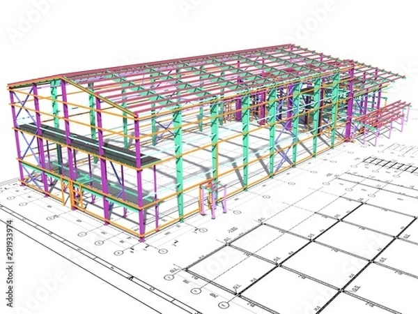 Fototapeta BIM building model of columns, beams, ties, girders. The metal structures are welded and bolted together. 3D rendering. The drawing of the building structure is made by an engineer.