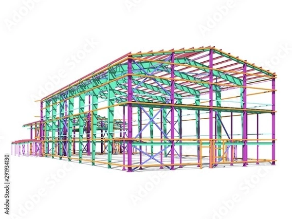 Fototapeta BIM building model of columns, beams, ties, girders. The metal structures are welded and bolted together. 3D rendering. The drawing of the building structure is made by an engineer.
