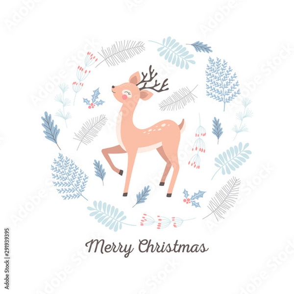 Fototapeta Merry Christmas card with cute deer. Vector