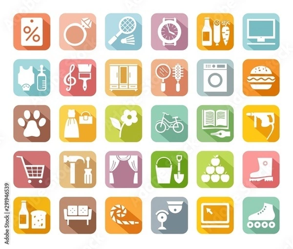 Fototapeta Shops, colored flat icons, vector. Different categories of stores. White icons on a colored field with a shadow.  
