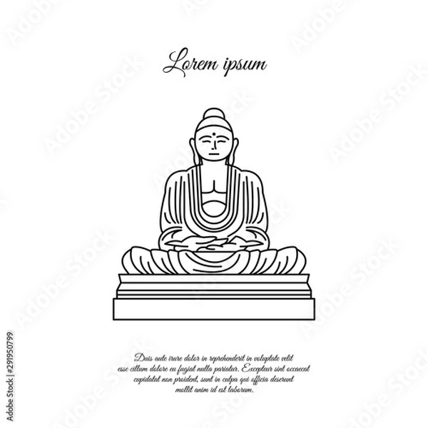 Fototapeta Buddha statue line icon. linear style sign for mobile concept and web design. Buddha in meditation position outline vector icon. Buddhism symbol, logo illustration. Vector graphics black on white