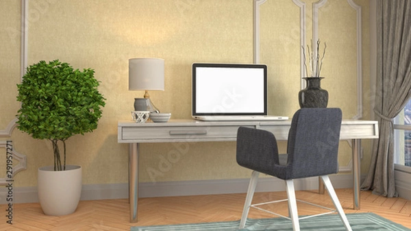 Fototapeta Computer on office table. 3d illustration