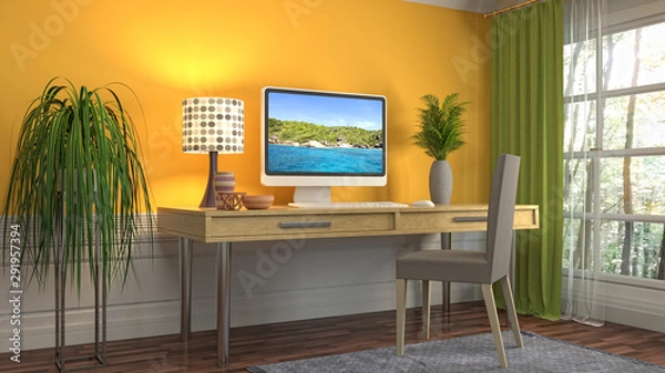 Obraz Computer on office table. 3d illustration
