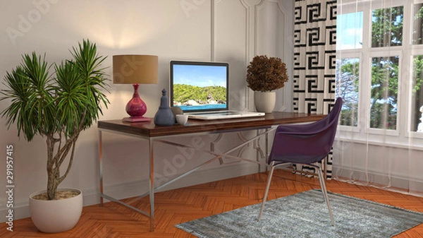 Obraz Computer on office table. 3d illustration
