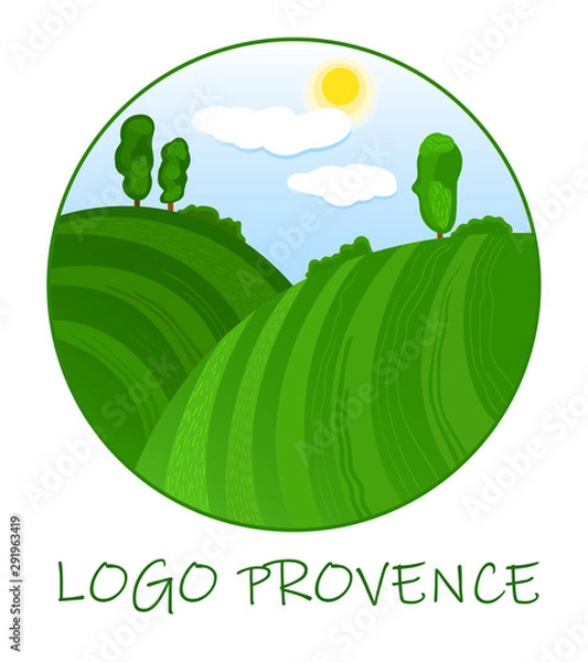 Obraz Vector illustration provence logo. Green meadows with trees in the blue sky.