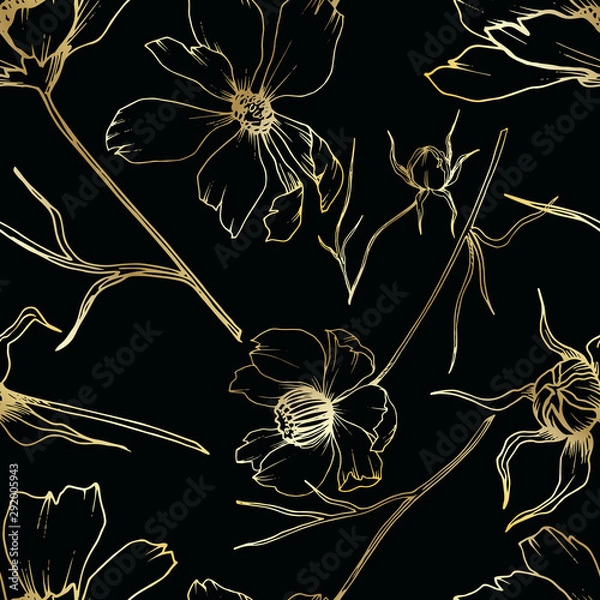 Fototapeta Vector Cosmos floral botanical flowers. Black and white engraved ink art. Seamless background pattern.
