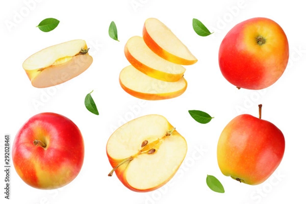 Fototapeta red apples with slices and green leaves isolated on a white background. top view
