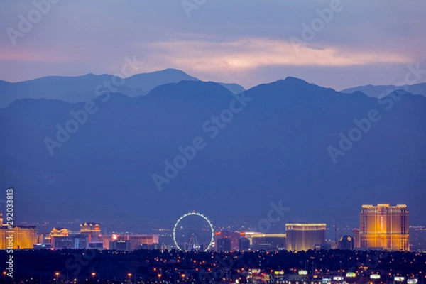 Fototapeta Aerial sunset high angle view of the downtown Las Vegas Strip