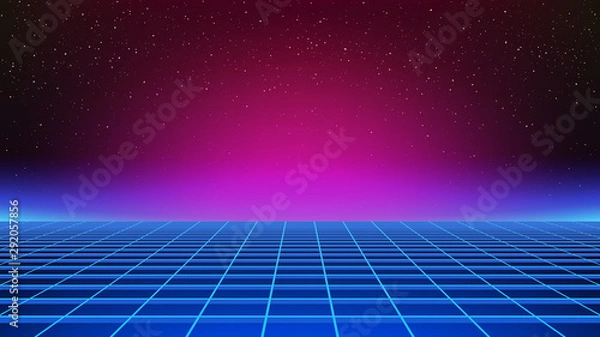 Fototapeta Tło synthwave. Retro futurystyczne tło z perspektywiczną siatką. Różowa i niebieska poświata w oddali. Szablon geometryczny. Ilustracja w stylu lat 80. z linią horyzontu i gwiazdami na wirtualnym niebie