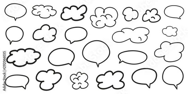 Fototapeta Hand drawn infographic elements on isolation background. Abstract clouds. Set of think and talk speech bubbles. Doodles on white. Black and white illustration