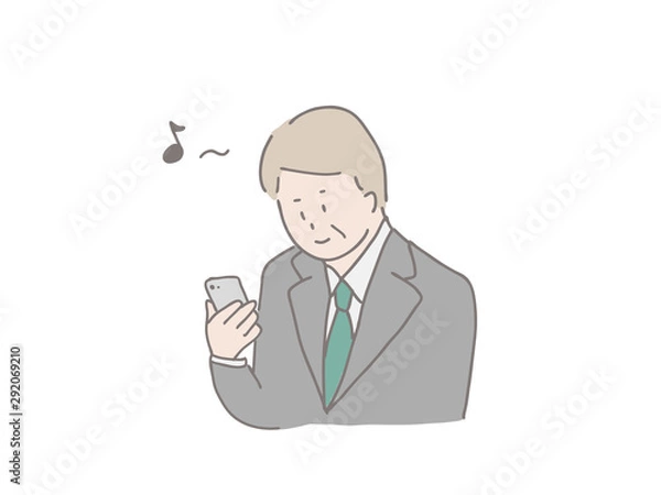 Fototapeta スマホを持った中年スーツ男性　鼻歌