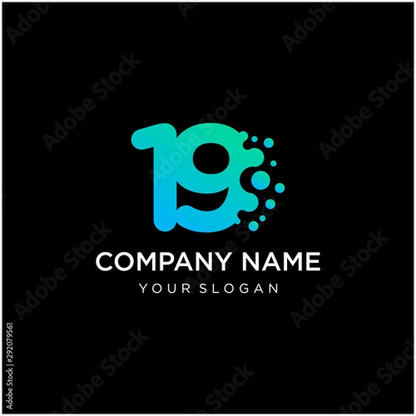 Fototapeta Number 19 with dot shape. molecule and Lab Logo Design Element. perfect for technology,software, network and science brand. Liquid gradient shape, Alphabet ecology with water and dew drops. - vector