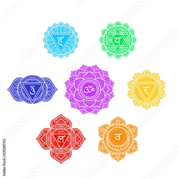 Fototapeta Seven human chakras symbols set, colorful icons, muladhara, svadhishthana, manipura, anahata, vishuddha, ajna, sahasrara, vector illustration