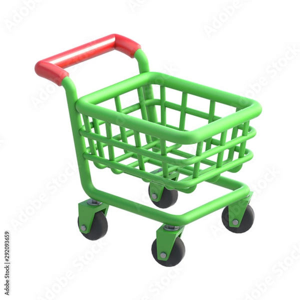 Fototapeta Cute Green Painted Shopping Cart with red handle on Isolated White Background. 3D Illustration 