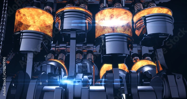 Obraz Silnik V8 z wtryskiem paliwa z eksplozjami. Tłoki I Inne Części Mechaniczne - Renderowanie Ilustracji 3D