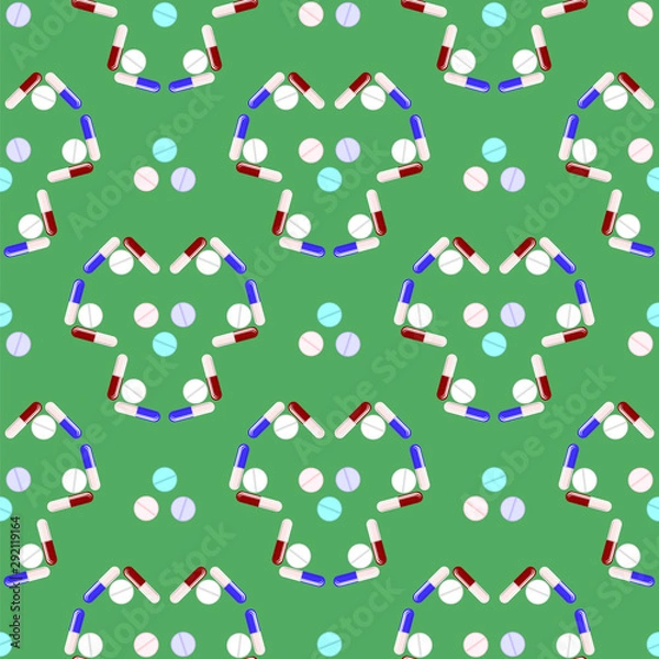 Fototapeta Colorful Pills Seamless Pattern Isolated on Green Background. Medical Texture.