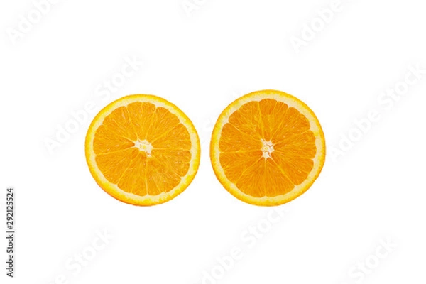 Fototapeta Sliced orange fruit isolated and knife with Chopping Wood on white background