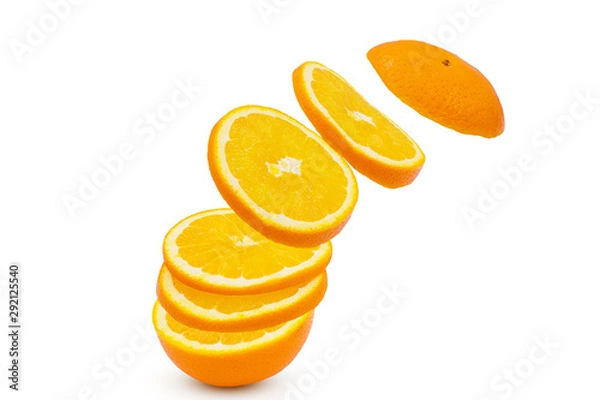 Fototapeta Falling sliced orange fruit isolated on white background with clipping path