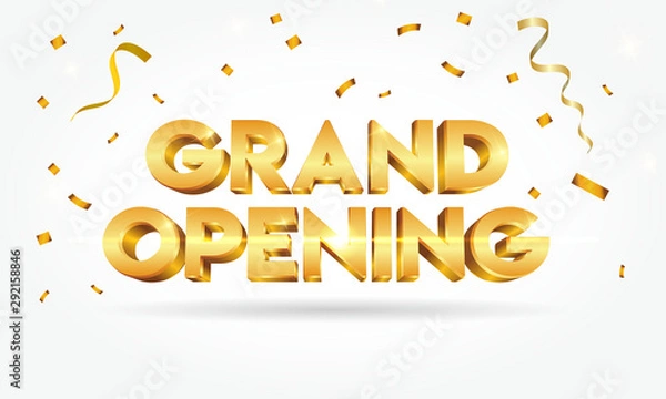 Obraz Grand opening shinny gold text with confetti isolated on white background