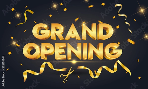 Obraz Grand opening golden text with gold scissors cutting gold ribbon on black sparkling background