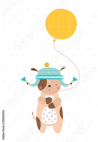Fototapeta Dog in a hat with a balloon. Vector illustration in a scandinavian style. Funny poster.