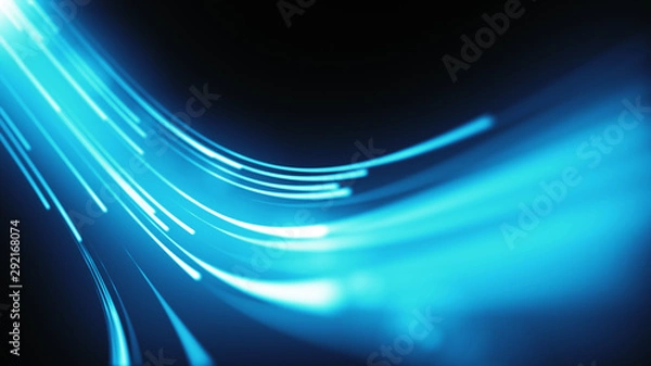 Fototapeta Blue neon stream. High tech abstract curve tunnel background. Striped creative texture. Information transfer in a cyberspace. Rays of light in motion. 
