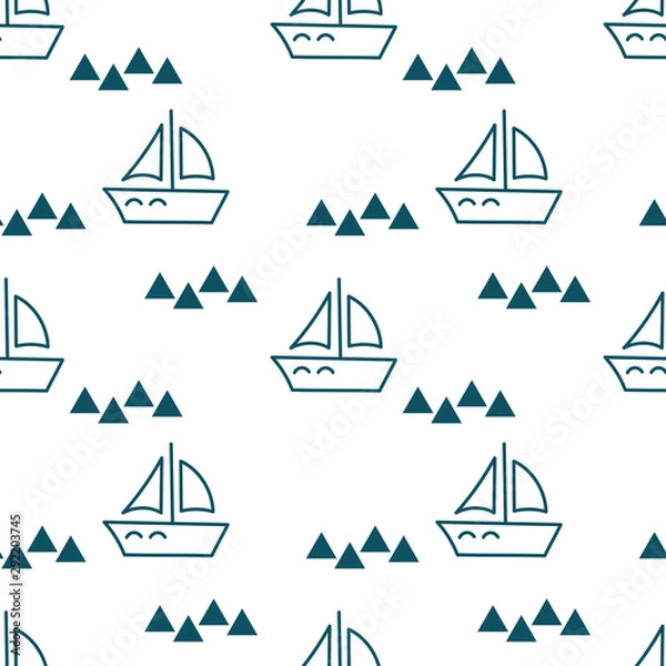 Fototapeta Seamless background with sailing ships, yachts . Flat hand drawn illustration