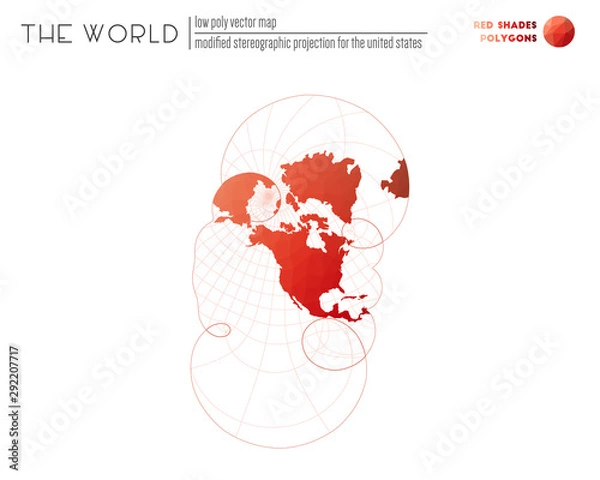 Fototapeta Low poly world map. Modified stereographic projection of the world. Red shaded polygons. Neat vector illustration.