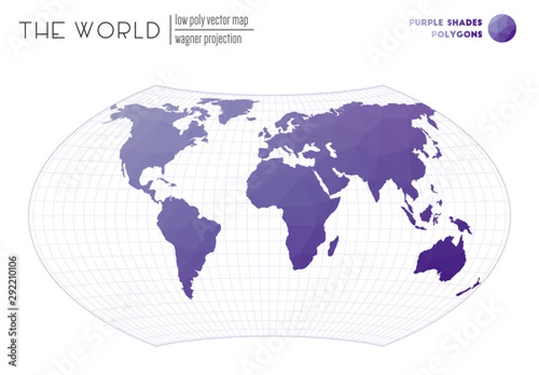 Fototapeta Low poly design of the world. Wagner projection of the world. Purple shades colored polygons. Energetic vector illustration.