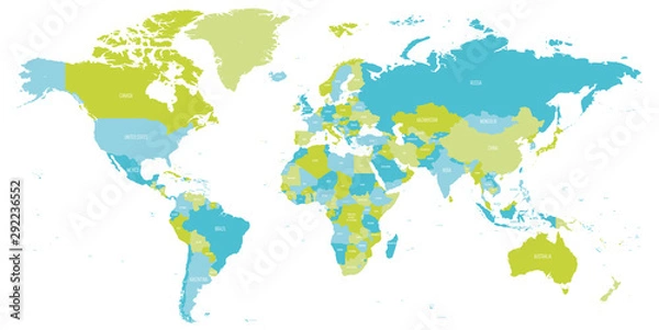 Fototapeta na wymiar Mapa świata w odcieniach zieleni i błękitu. Szczegółowa mapa polityczna z nazwami krajów. Ilustracji wektorowych