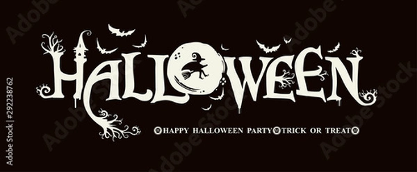 Fototapeta Halloweenowy poziomy baner z logo wektorowym na czarnym tle. HAPPY HALLOWEEN, Trick or Treat. Napis ze złowieszczymi gałęziami drzew, nietoperzami i śliczną czarownicą na tle pełnego muu