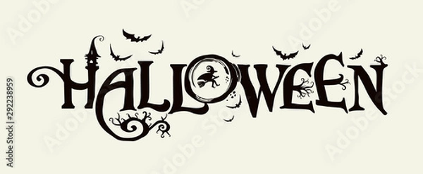 Fototapeta Halloweenowy poziomy baner z logo wektor. Napis ze złowieszczymi gałęziami drzew, nietoperzami i śliczną czarownicą na tle księżyca w pełni.