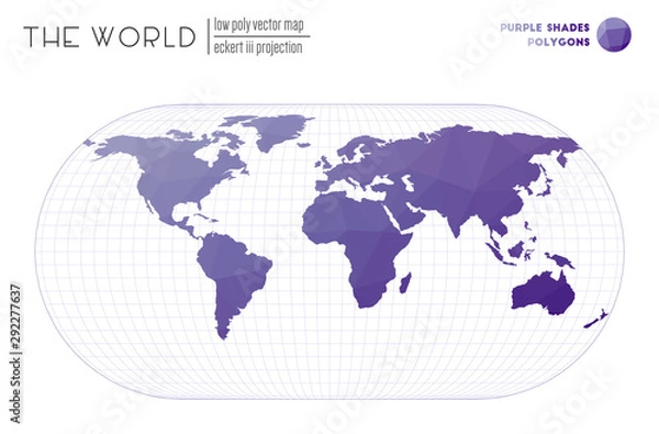 Fototapeta World map with vibrant triangles. Eckert III projection of the world. Purple shades colored polygons. Neat vector illustration.