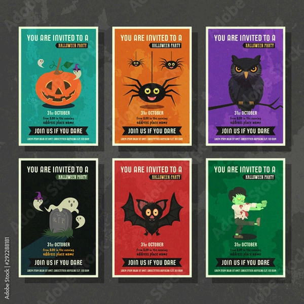 Fototapeta Happy halloween vector greeting card with cartoon character set.