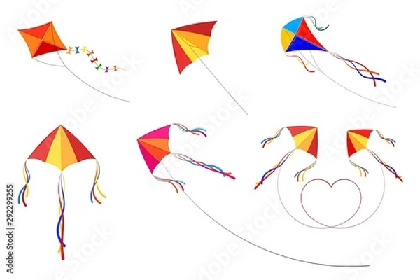 Fototapeta Set of kites on a white background. Children's toys, summer fun, outdoor games. Vector illustration