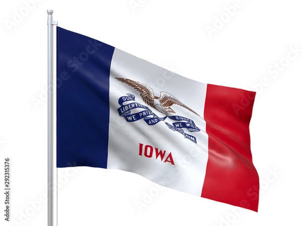 Fototapeta Iowa (U.S. state) flag waving on white background, close up, isolated. 3D render