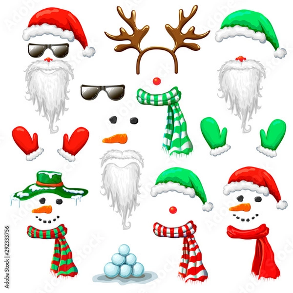 Obraz big vector set of Christmas and New Year photo booth and props. vector holiday mask clip art isolated on white. santa hat and beard snowman reindeer head costume with accessories. xmas cartoon
