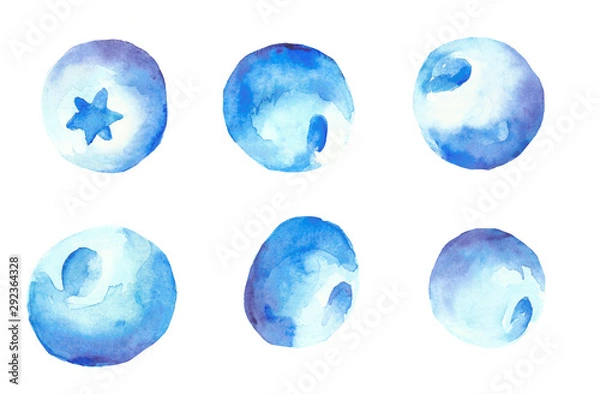 Fototapeta Set of six watercolor blueberries isolated on white background