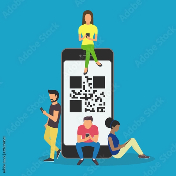 Fototapeta Vector illustration of people using mobile smartphones for online ordering and purchasing goods scanning qr-code on promo banners.