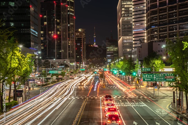 Obraz Timelapse Traffic at night in Seoul City, South Korea