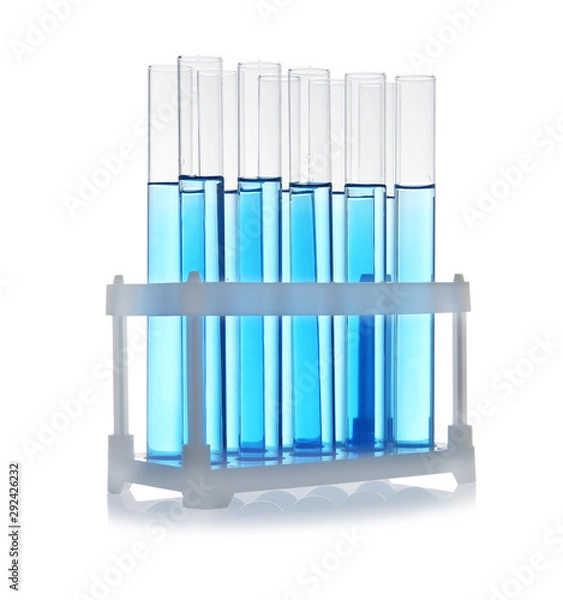 Fototapeta Test tubes with blue liquid on white background. Laboratory glassware