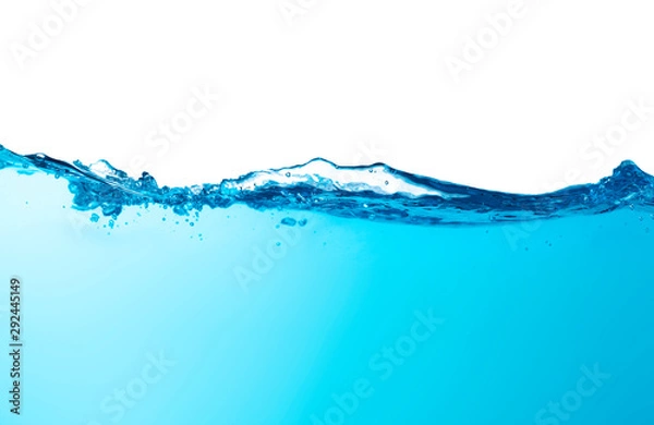 Fototapeta Blue water splashs wave surface with bubbles of air on white background.