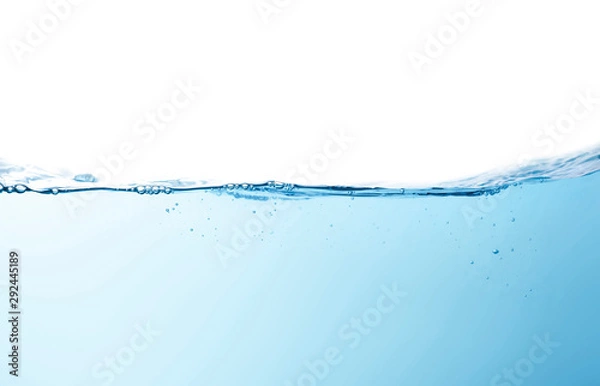 Fototapeta Blue water splashs wave surface with bubbles of air on white background.