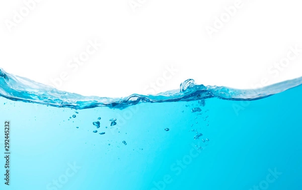 Fototapeta Blue water splashs wave surface with bubbles of air on white background.