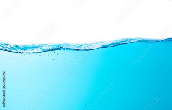 Fototapeta Blue water splashs wave surface with bubbles of air on white background.