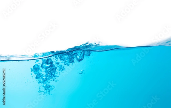 Fototapeta Blue water splashs wave surface with bubbles of air on white background.